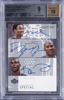 2002-03 Upper Deck Ovation "Triple Signature Special" #OS1 Kobe Bryant/Michael Jordan/Kevin Garnett Signed Card (#15/25) - BGS MINT 9/BGS 10